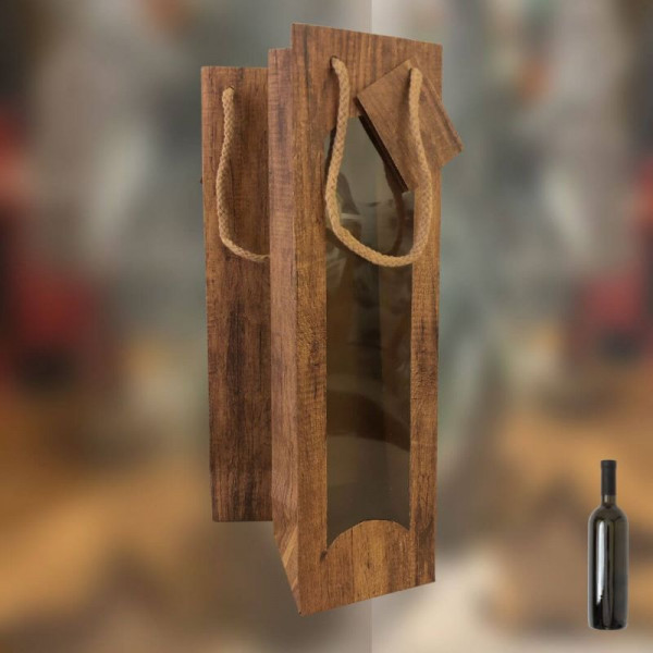 Geschenktasche für 1 Flasche | Holzoptik mit Fenster